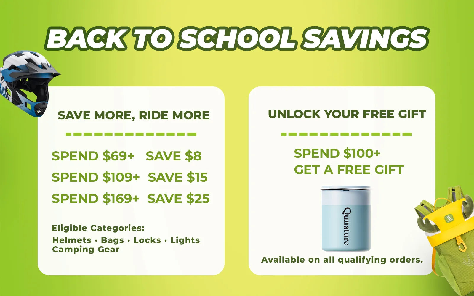 ROCKBROS Back to School cycling sale banner with discounts on bike accessories and riding gear