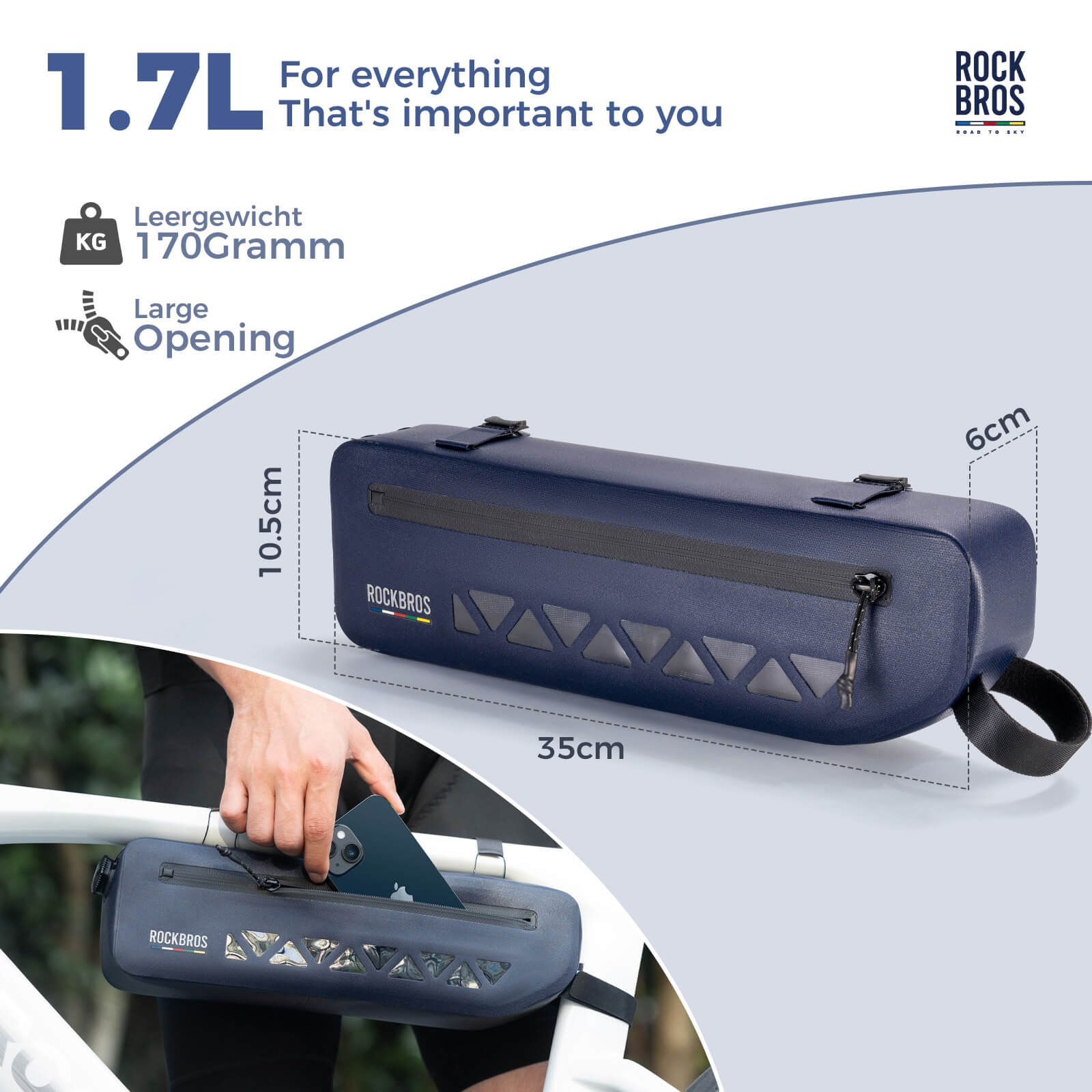 ROCKBROS Bike Frame Bag 100% Waterproof 1.7L Bicycle Storage Bag