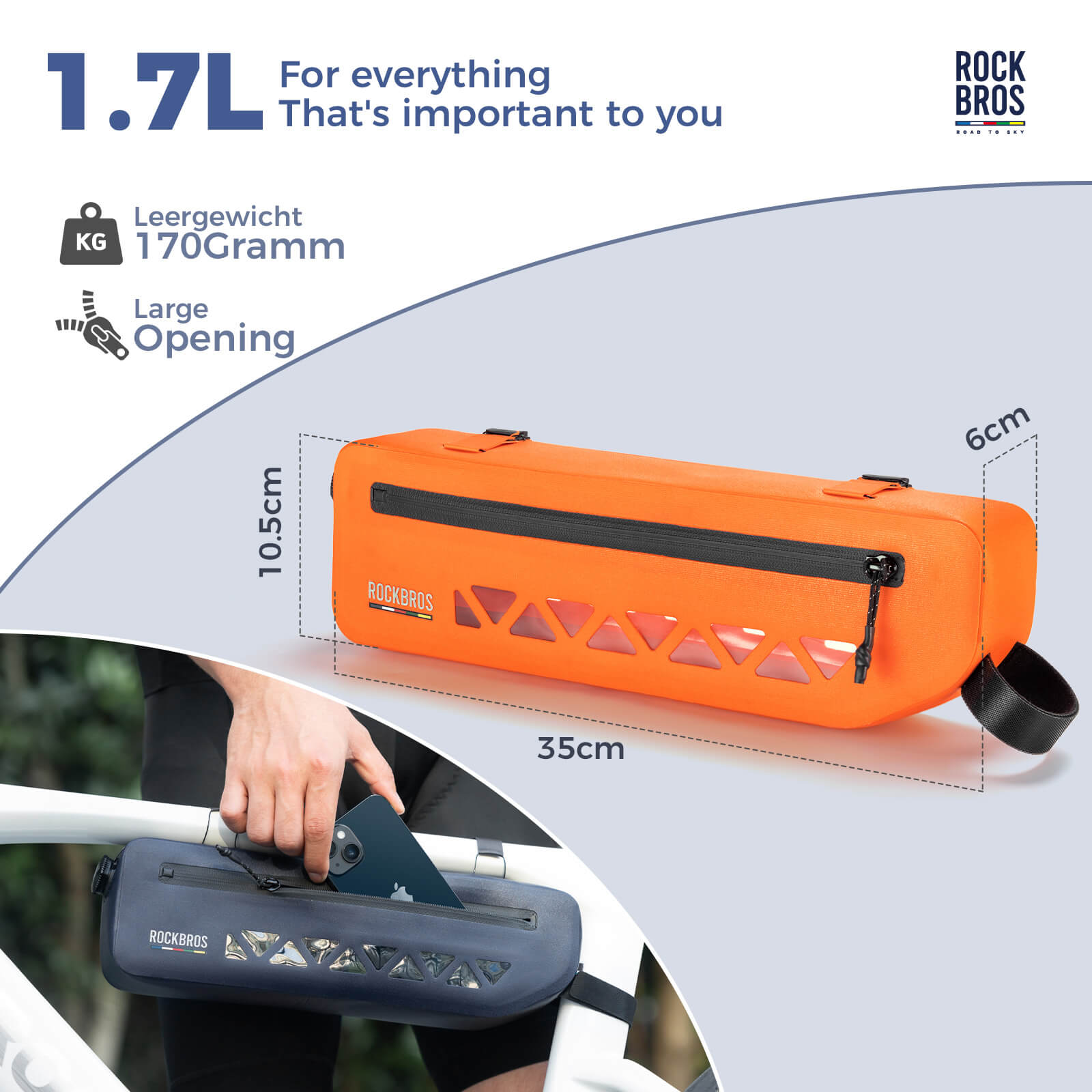 ROCKBROS Bike Frame Bag 100% Waterproof 1.7L Bicycle Storage Bag