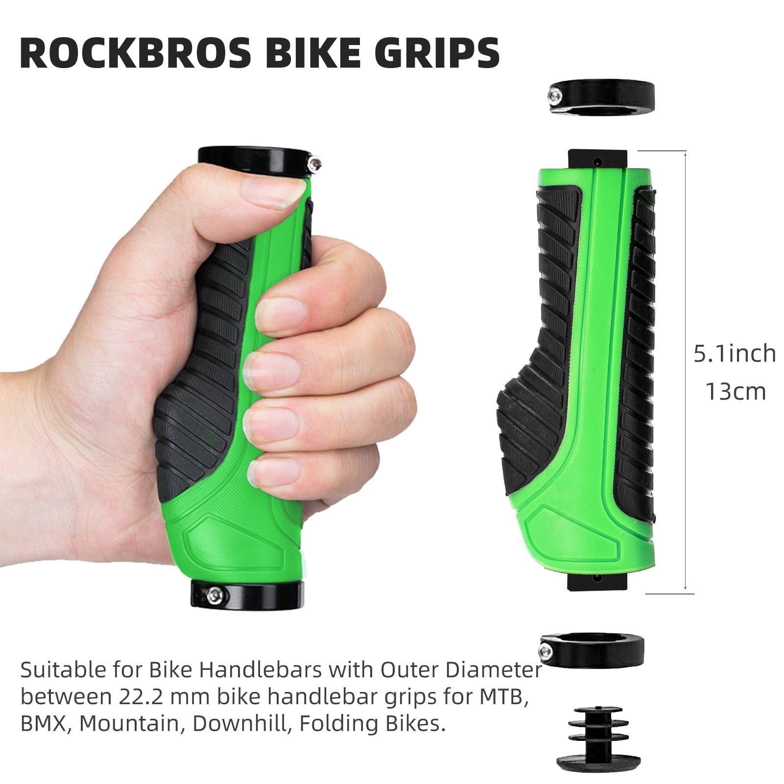 ROCKBROS bike handle grips with ergonomic design and lock-on clamps for MTB
#Color_Green
