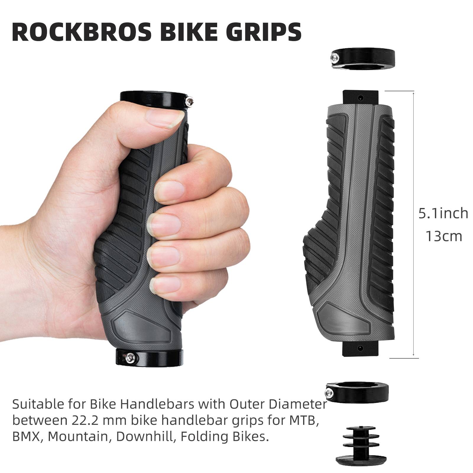 ROCKBROS bike handle grips with ergonomic design and lock-on clamps for MTB
#Color_Gray