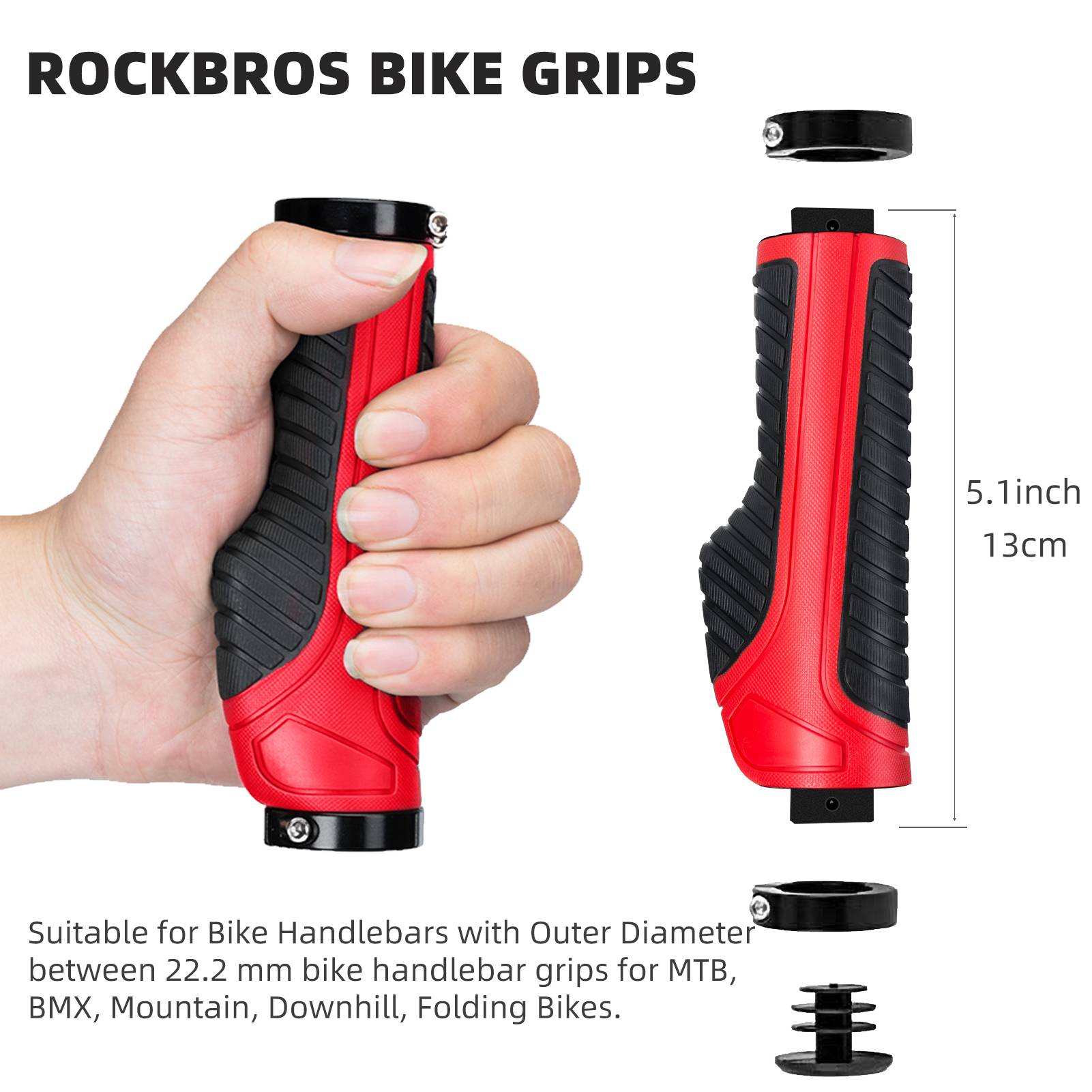 ROCKBROS bike handle grips with ergonomic design and lock-on clamps for MTB
#Color_Red