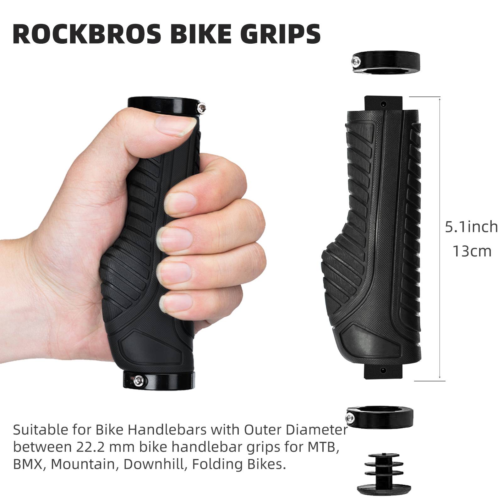 ROCKBROS bike handle grips with ergonomic design and lock-on clamps for MTB
#Color_Black