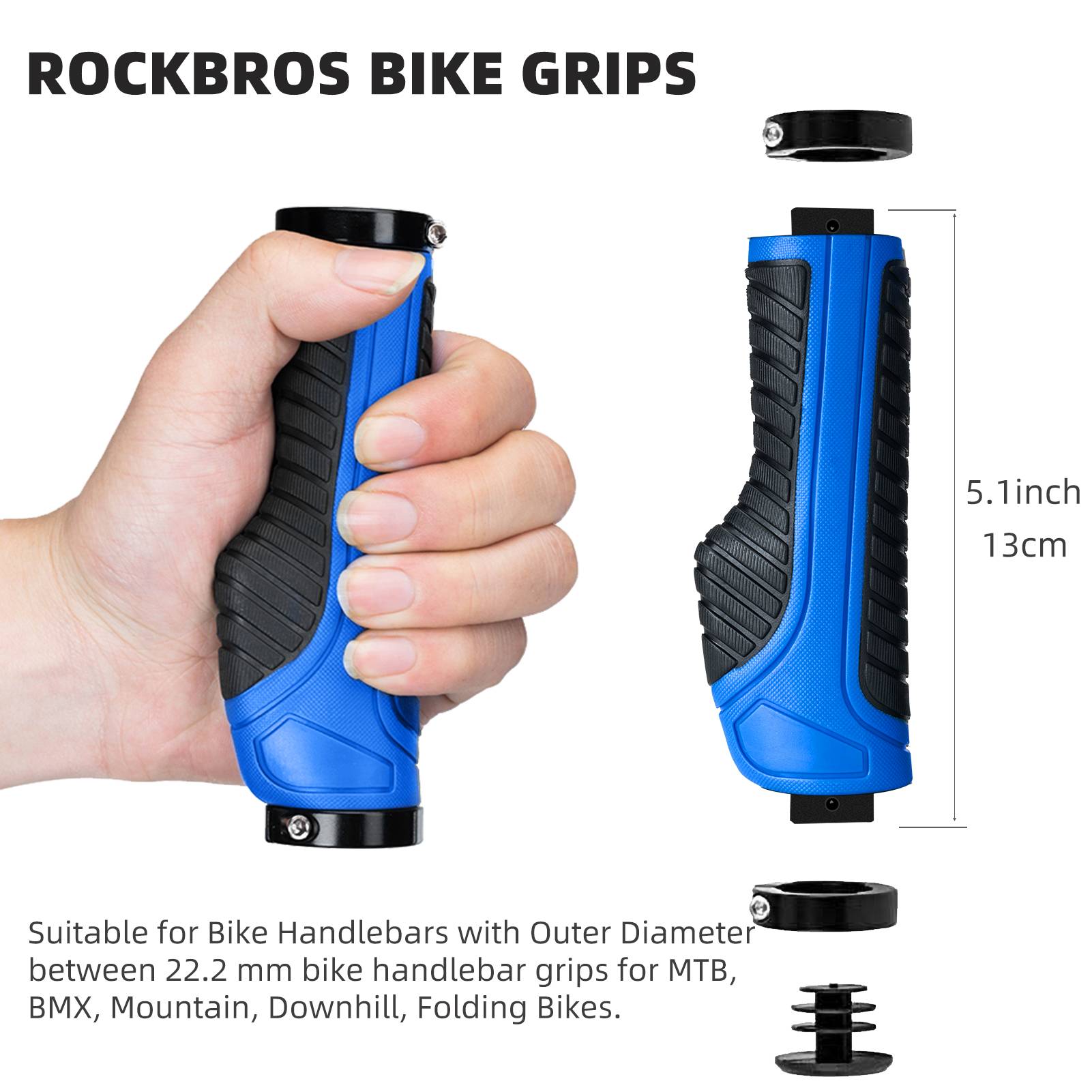 ROCKBROS bike handle grips with ergonomic design and lock-on clamps for MTB
#Color_Blue
