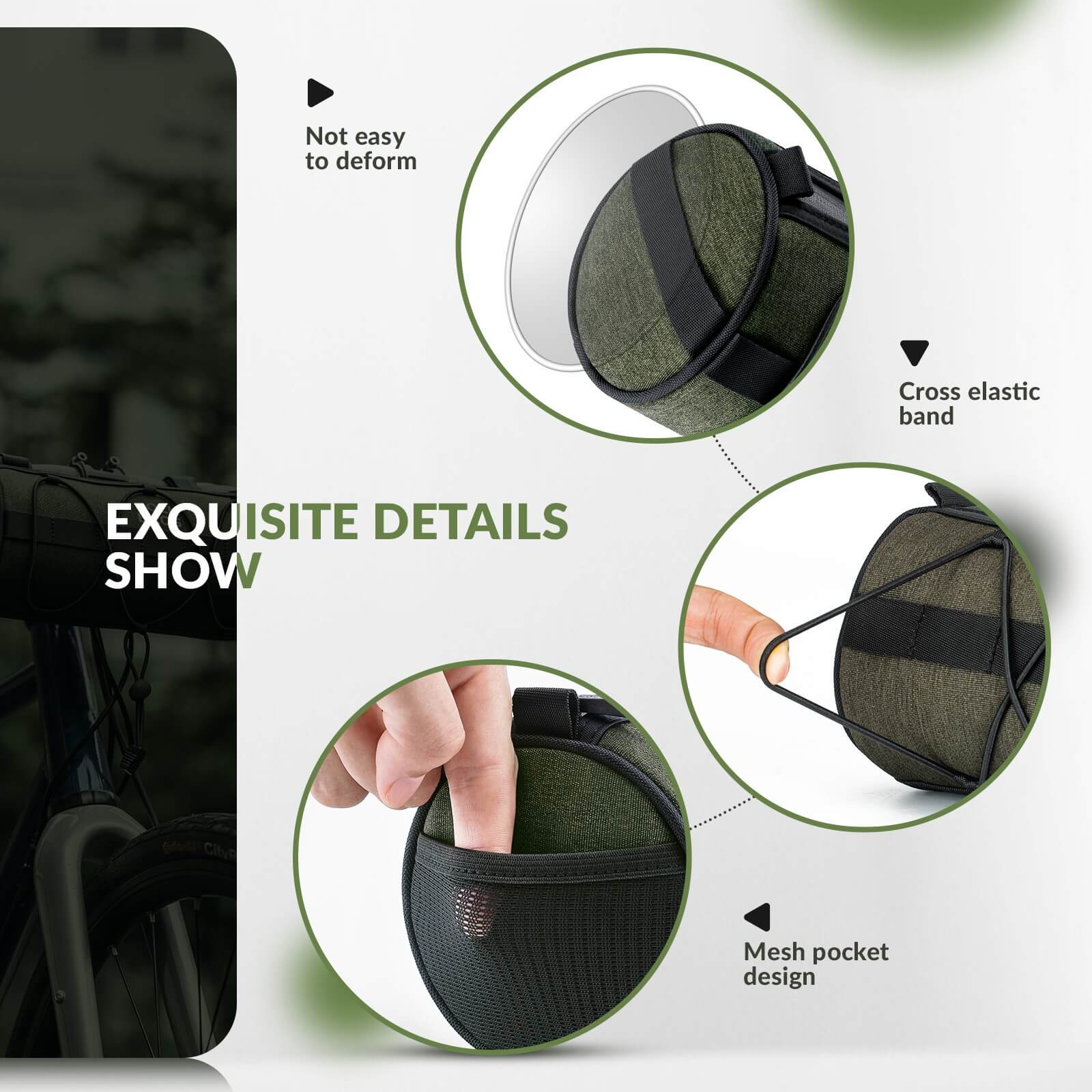 ROCKBROS bike handlebar bag with main compartment and mesh side pocket for organized cycling essentials.