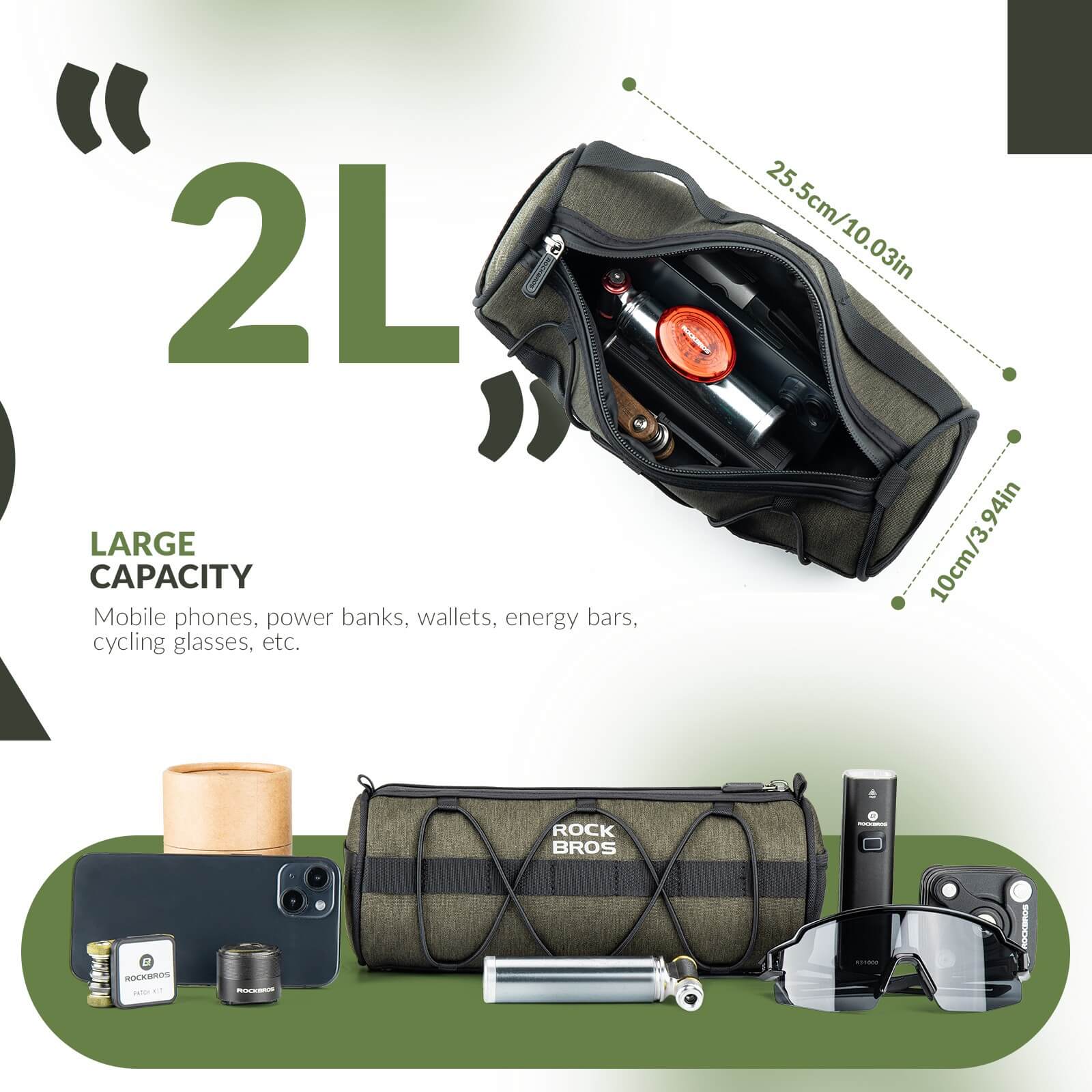 ROCKBROS bike handlebar bag showing compact 2L design for commuting, short trips, and gravel cycling.