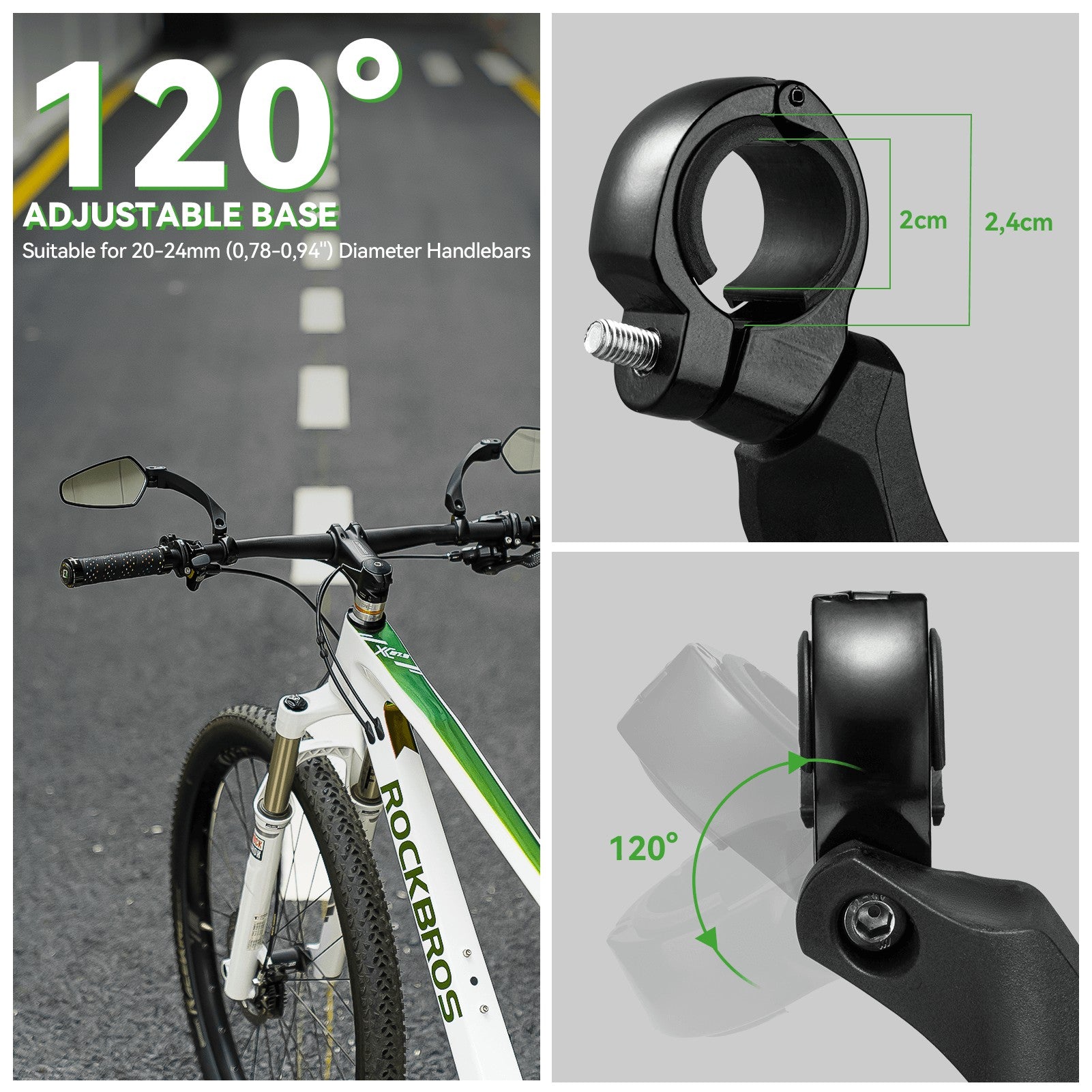 ROCKBROS adjustable bike handlebar rear view mirror with HD anti-glare lens and durable