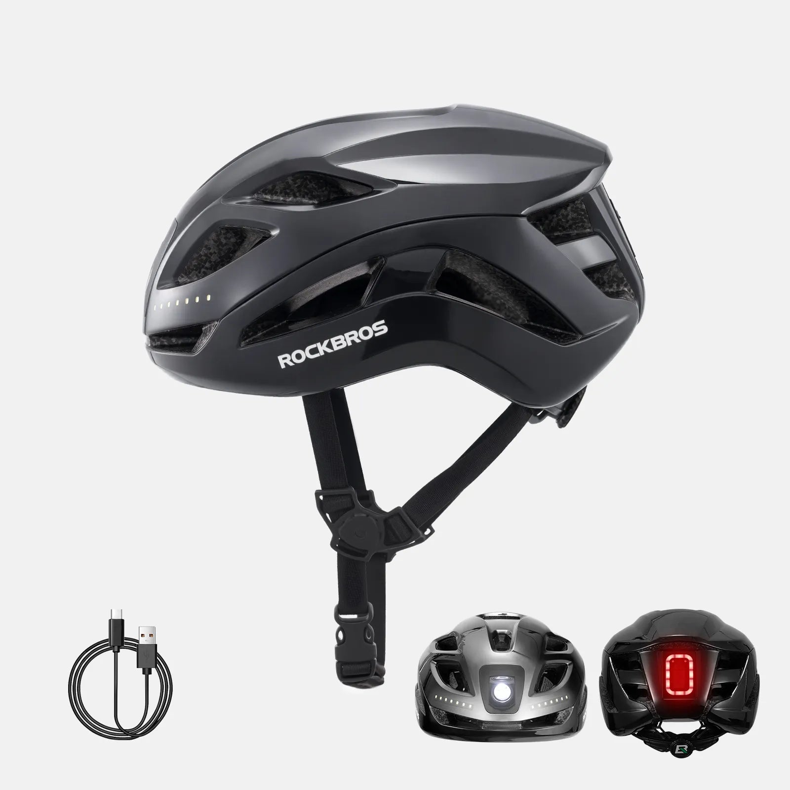 ROCKBROS bike helmet with LED front and rear lights for night cycling safety
#Color_Glossy Black