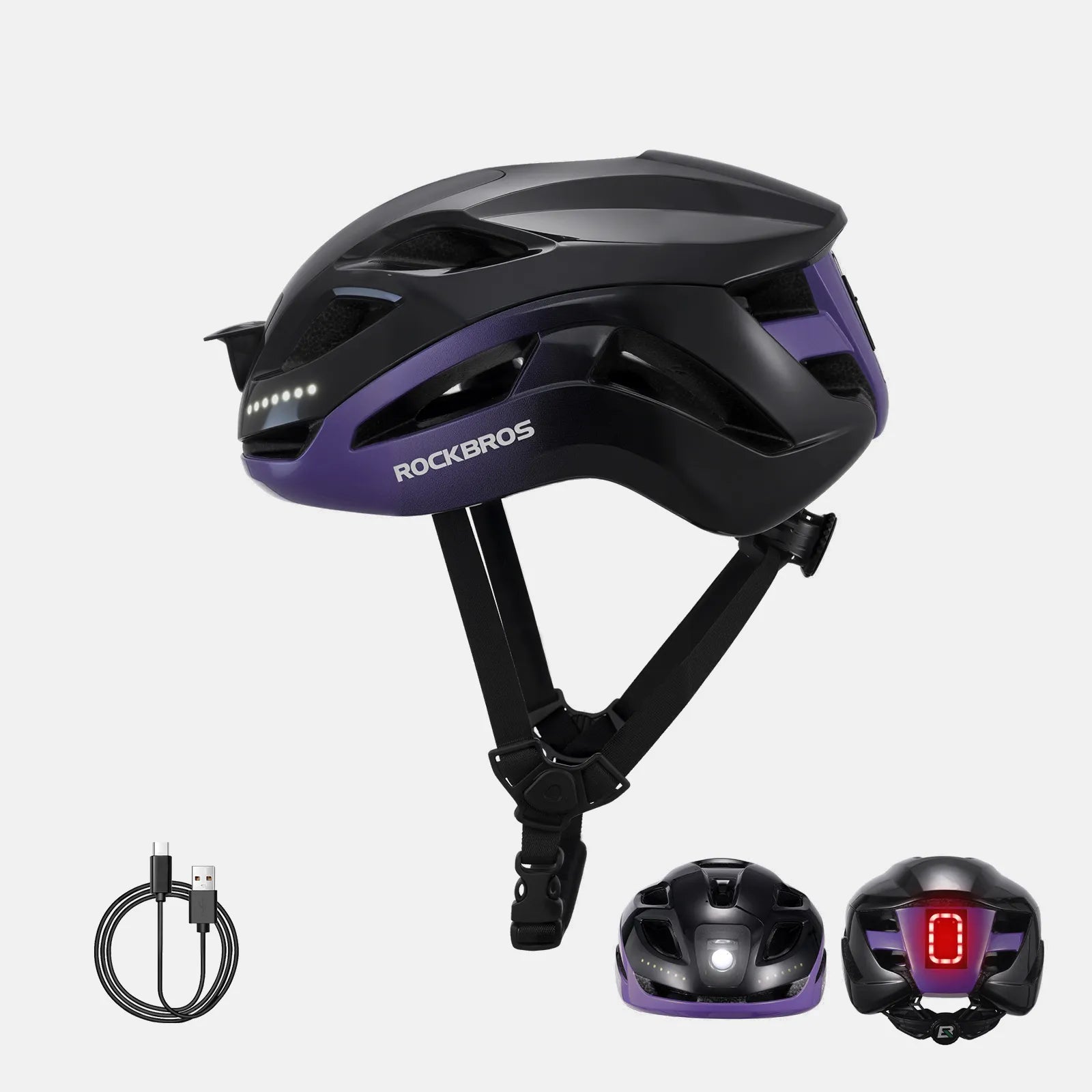 ROCKBROS bike helmet with LED front and rear lights for night cycling safety
#Color_Black Purple