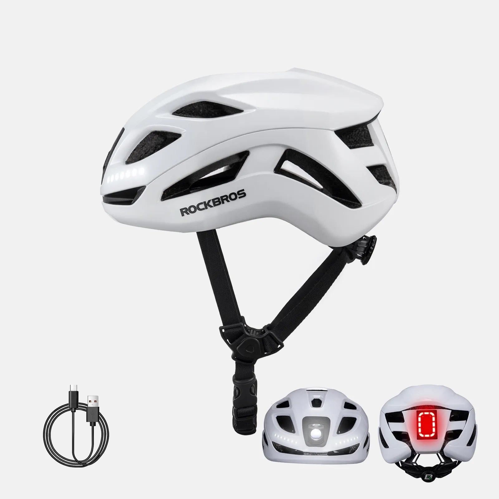 ROCKBROS bike helmet with LED front and rear lights for night cycling safety
#Color_White