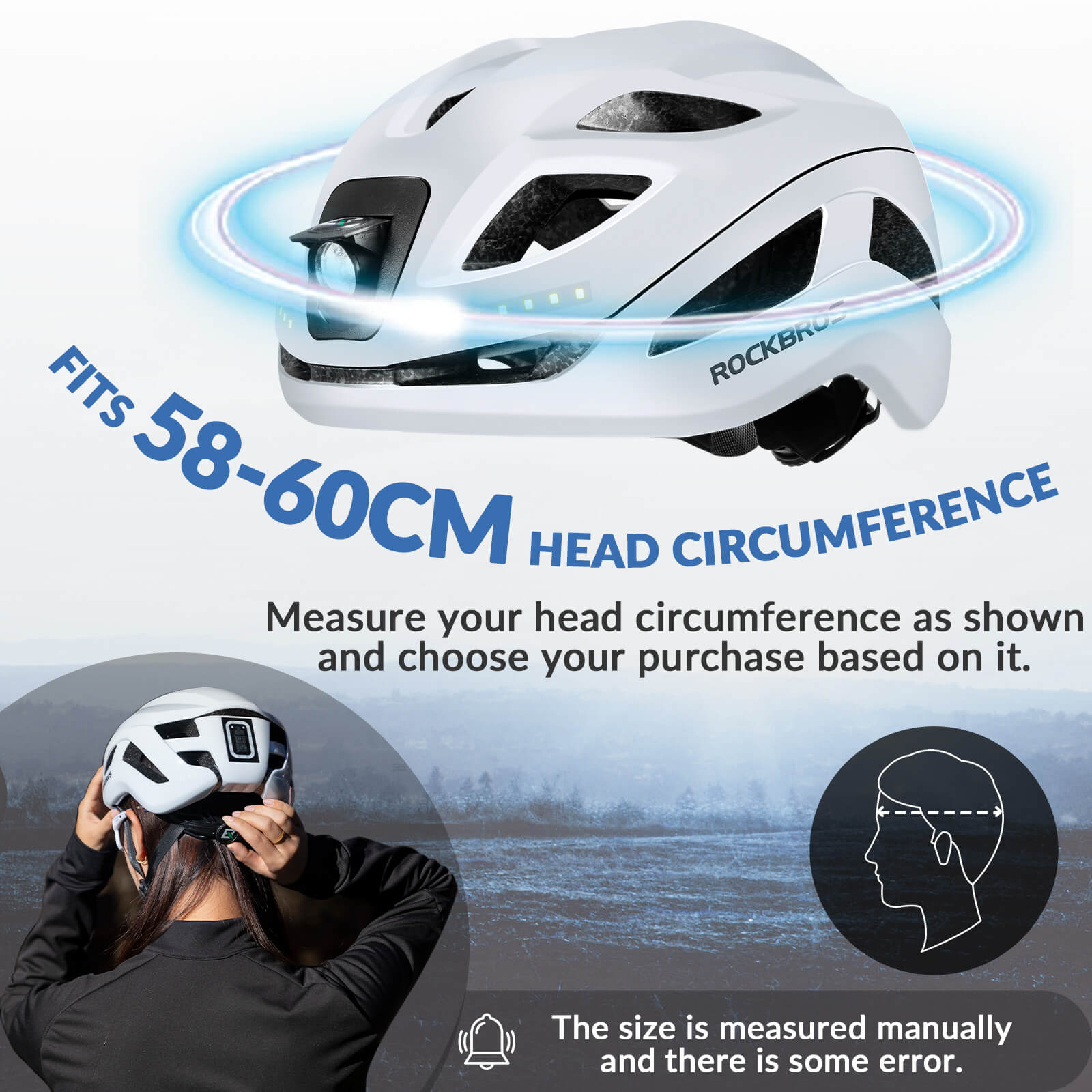 ROCKBROS bike helmet with LED front and rear lights for night cycling safety
#Color_White