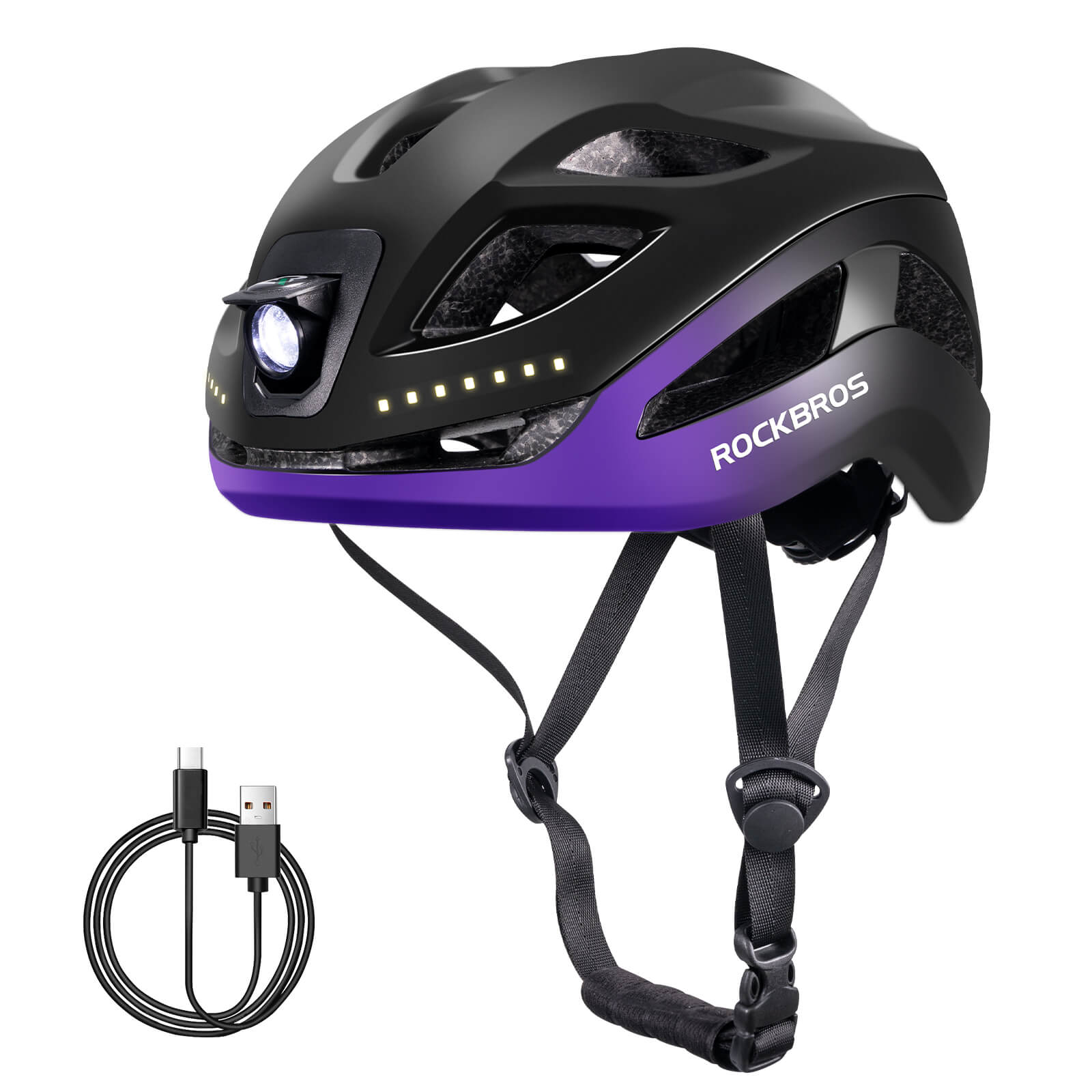 ROCKBROS bike helmet with LED front and rear lights for night cycling safety
#Color_Black Purple