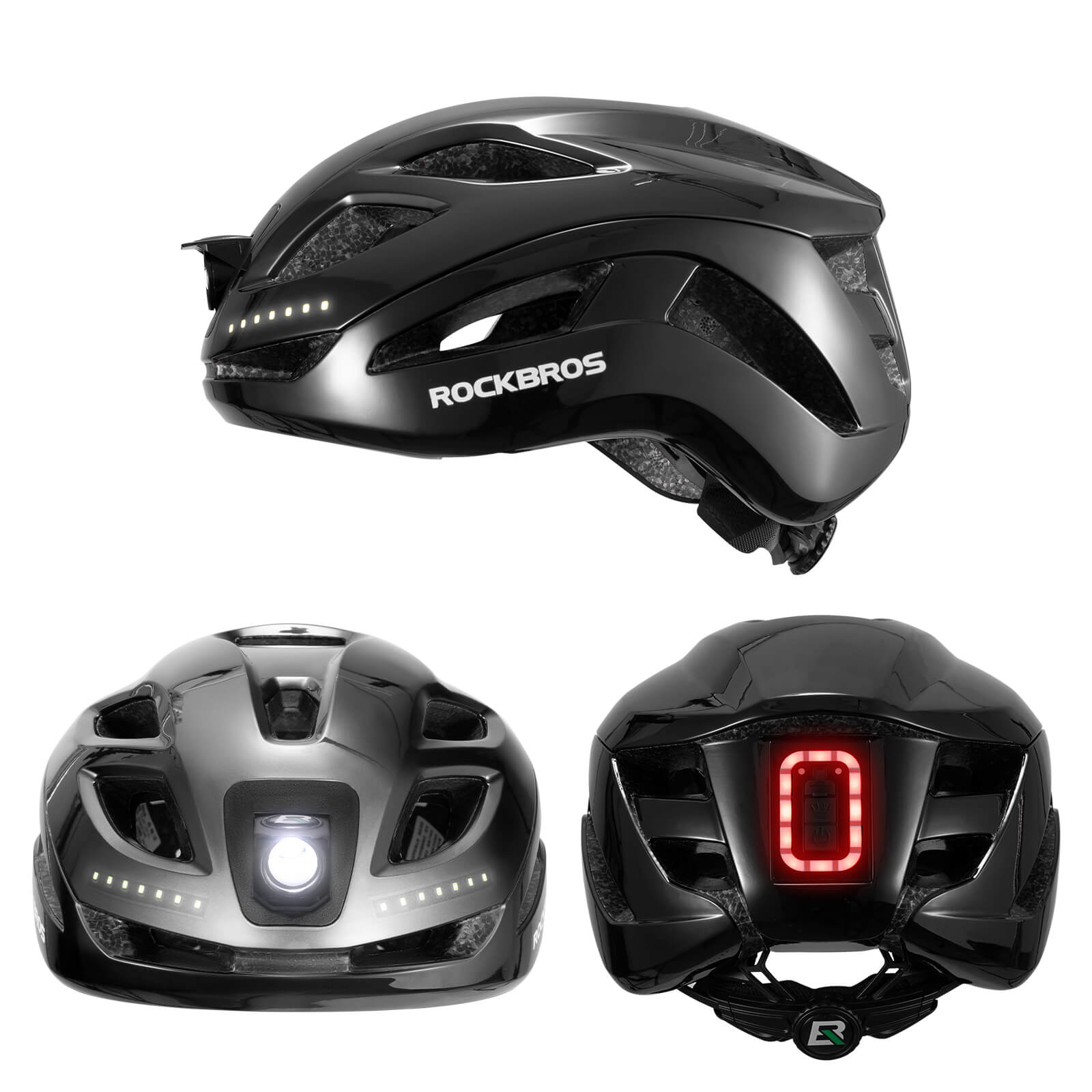 ROCKBROS bike helmet with LED front and rear lights for night cycling safety
#Color_Black