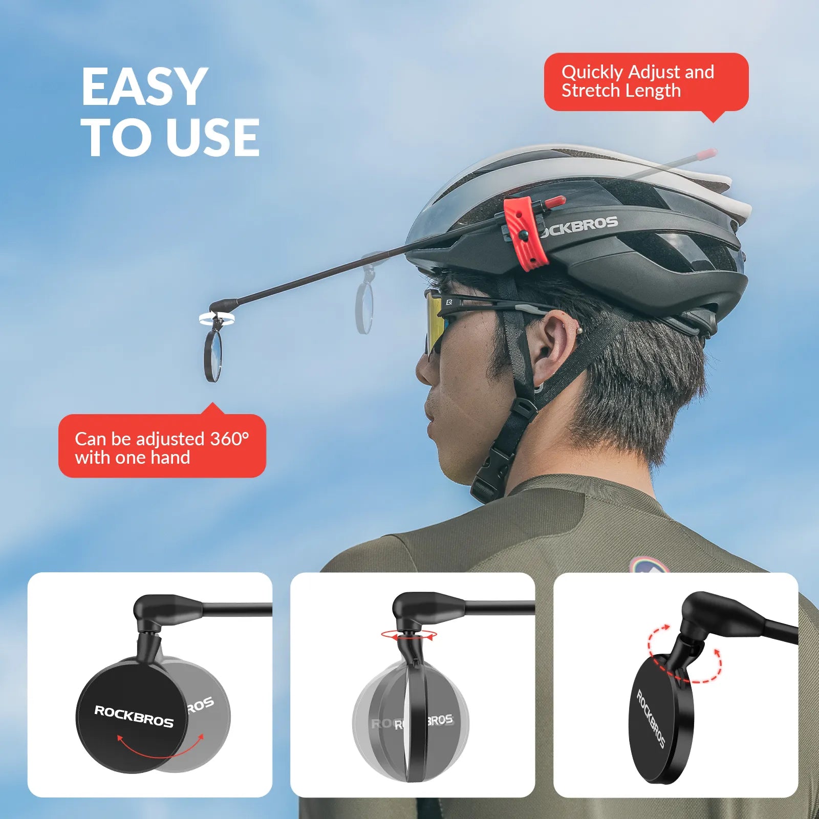 ROCKBROS adjustable bike helmet rear view mirror with wide angle convex lens