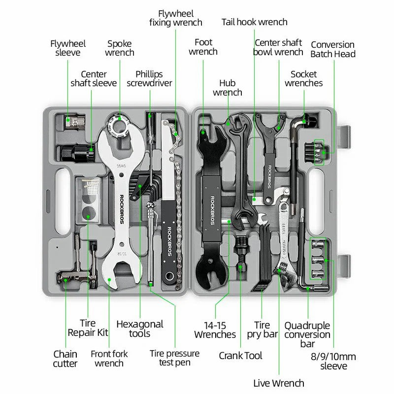 Layout of all tools included in the ROCKBROS Bike Multi-Tool Kit