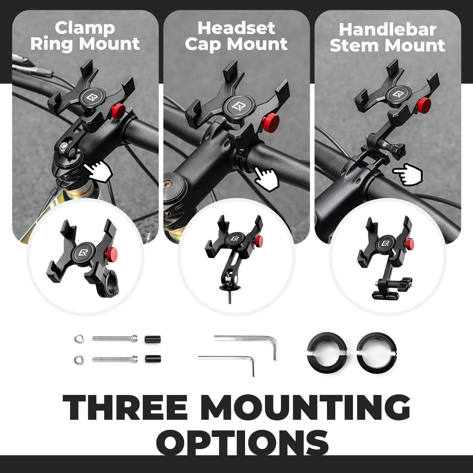 ROCKBROS aluminum bike phone holders collection, clamp, headset cap, and stem mounts for secure cycling