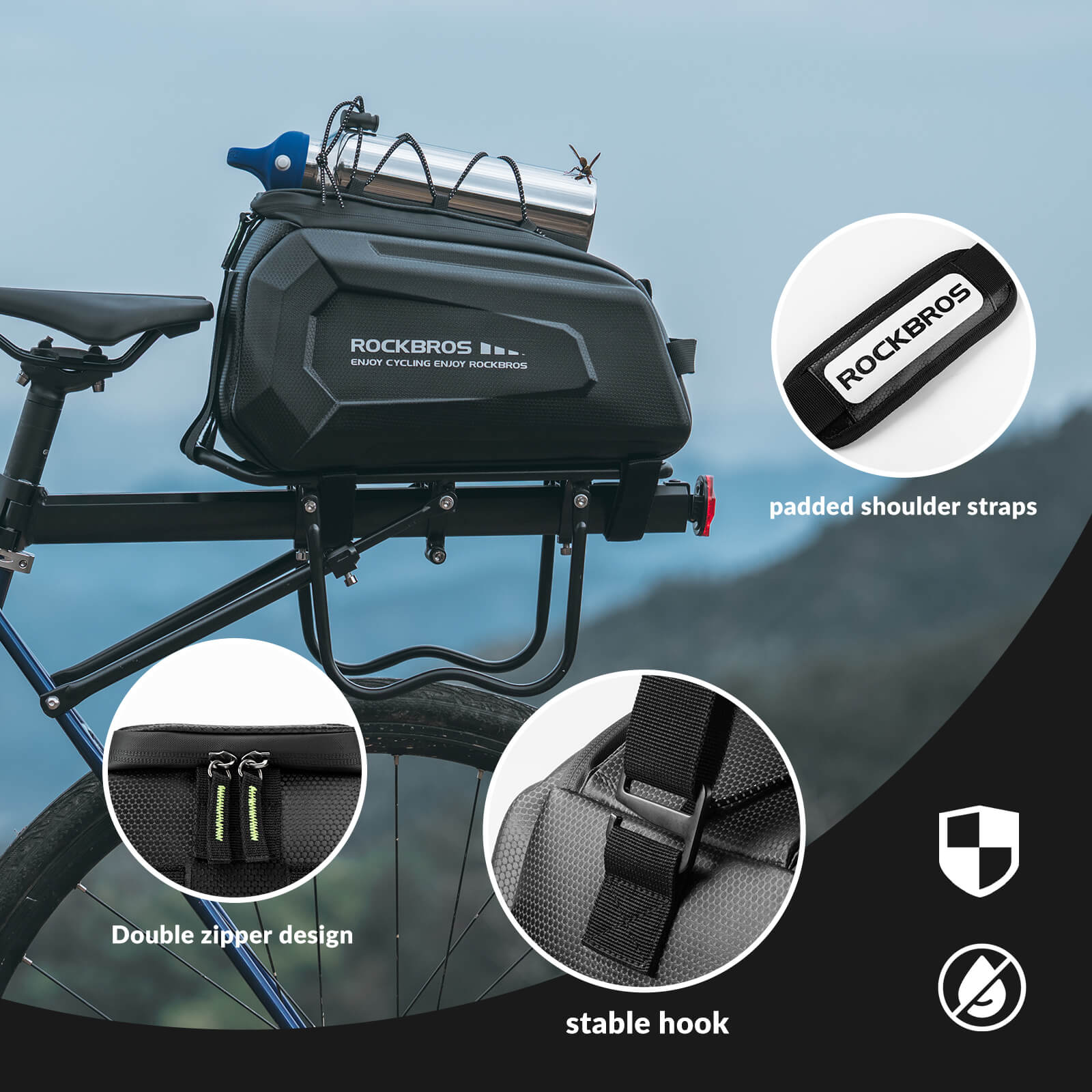 ROCKBROS bike rack bag with tool-free installation and adjustable Velcro straps for stable mounting.