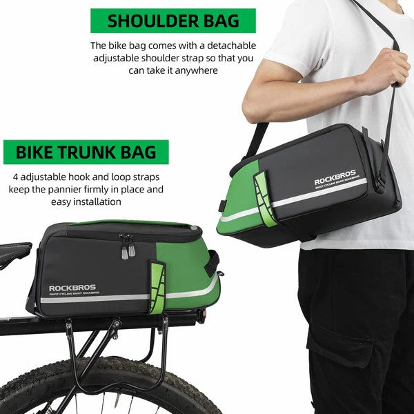 ROCKBROS bike rear rack bag with detachable shoulder strap for versatile carrying on and off the bike.