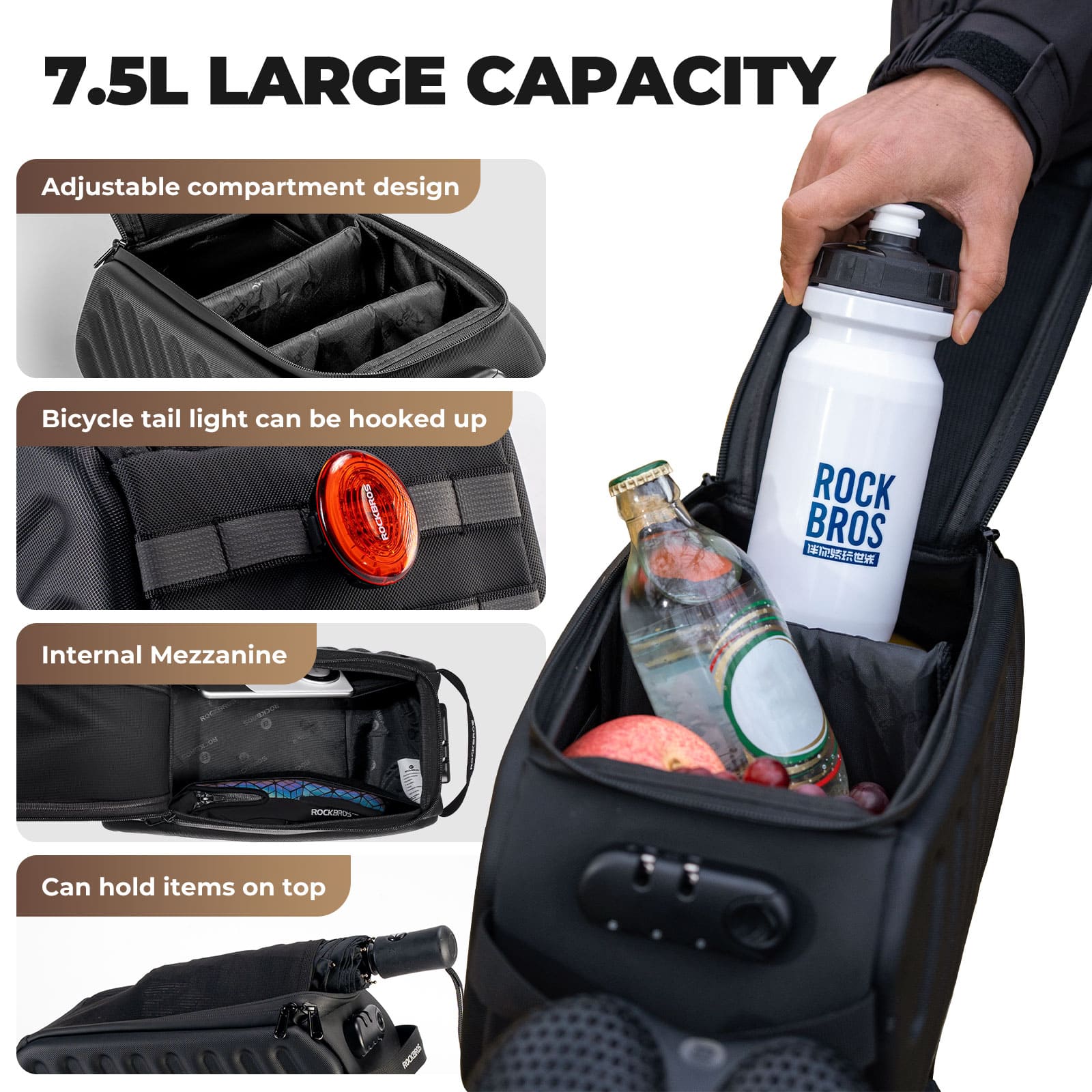 ROCKBROS Double Combination Lock Large Capacity Bike Rear Rack Bag for Commuting and Cycling
