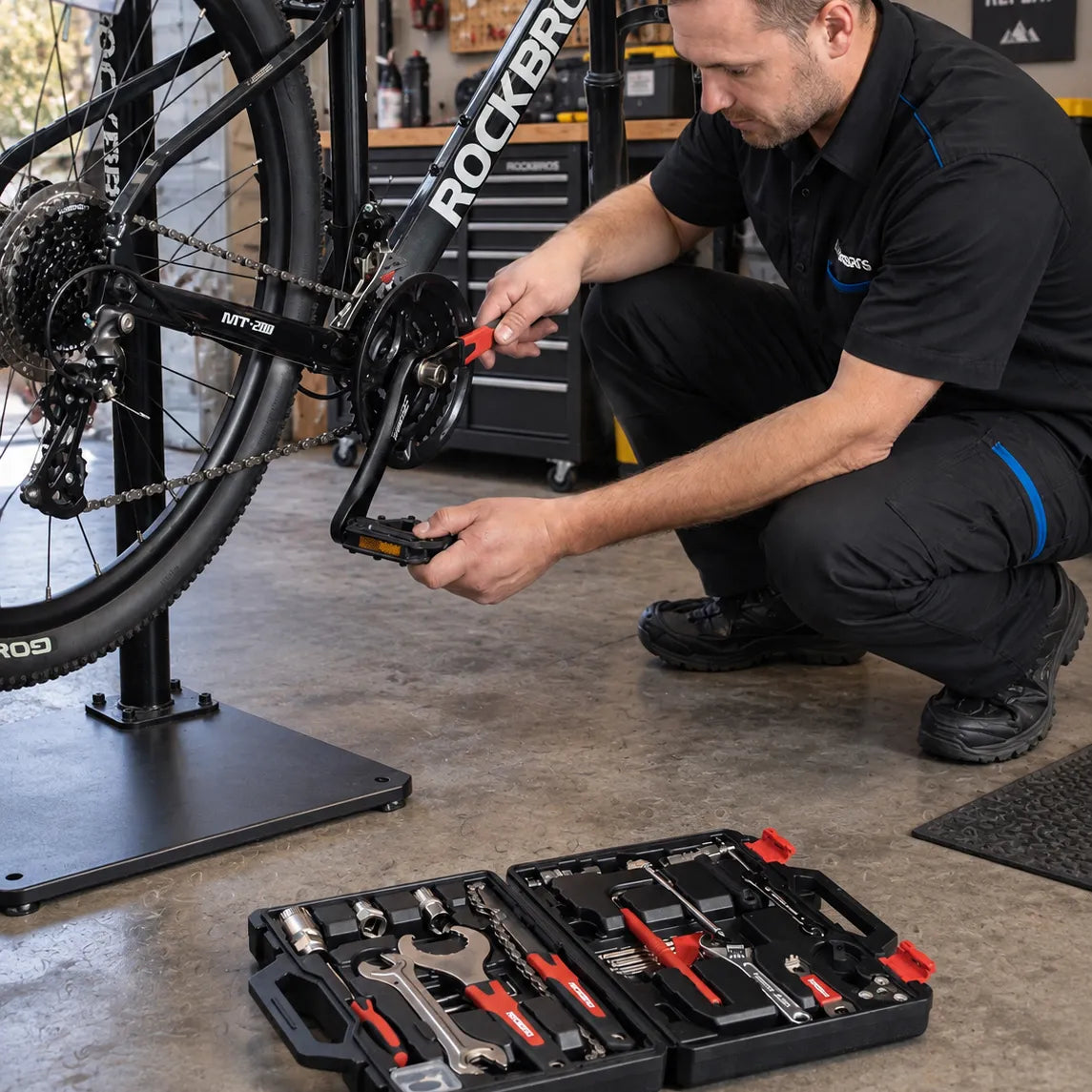 Cyclist using ROCKBROS bike repair tools for maintenance in a home garage