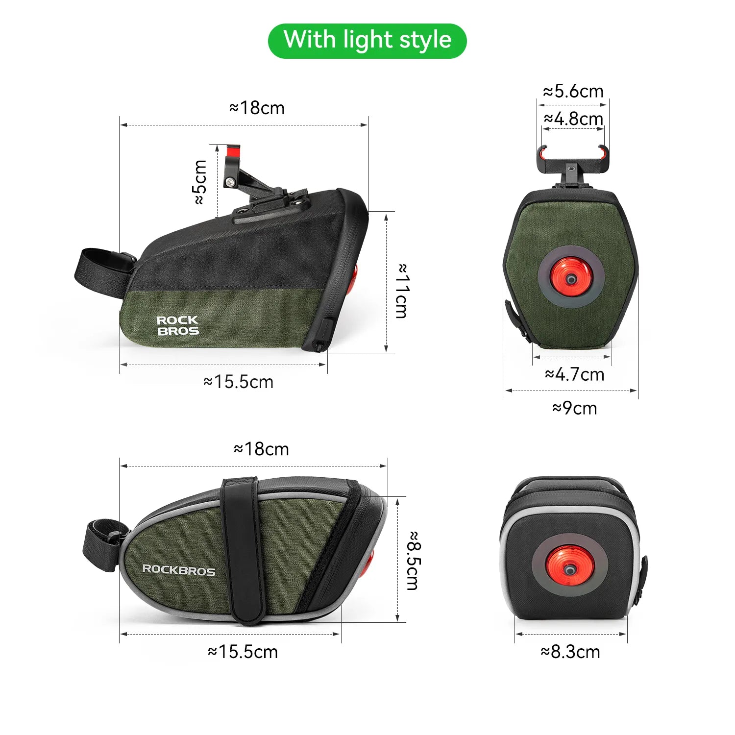 ROCKBROS bike saddle bag with removable smart tail light for commuting and night riding