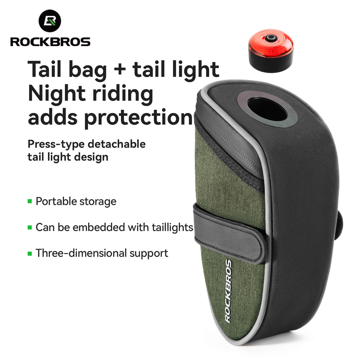 ROCKBROS bike saddle bag with detachable tail light 0.45L waterproof cycling seat bag
