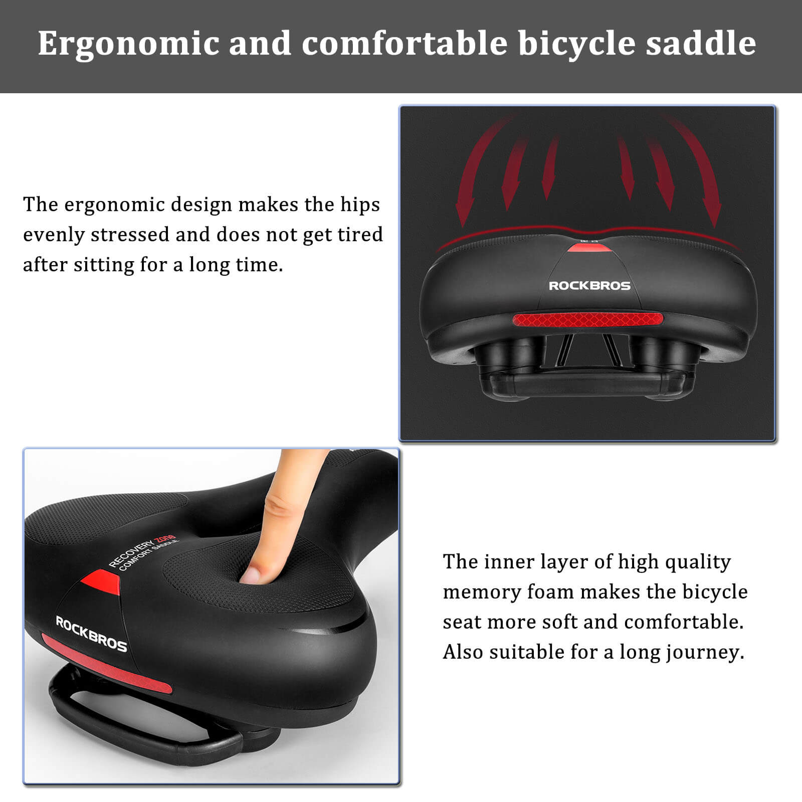 ROCKBROS bike saddle with shock-absorbing system for maximum comfort on rough terrain.