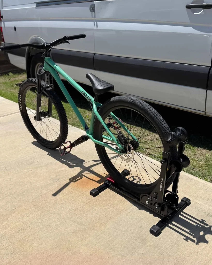 ROCKBROS bike stand featured in a real rider setup for everyday bike storage