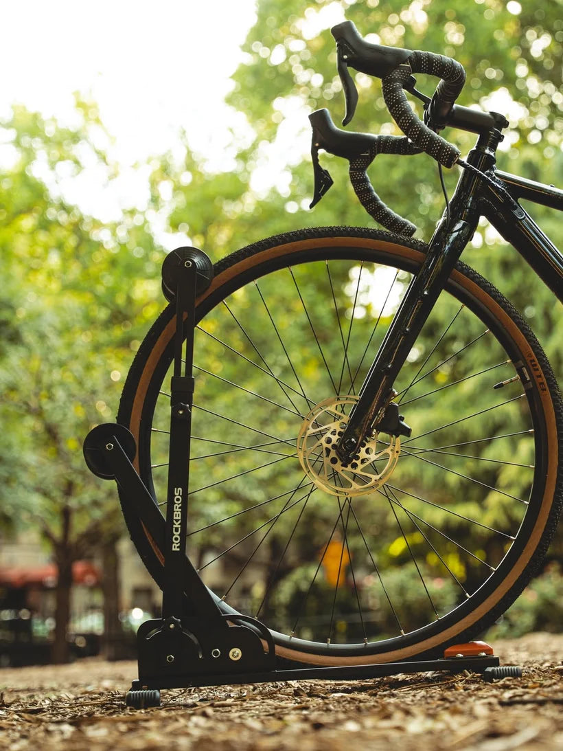 ROCKBROS bike stand featured in a real rider setup for everyday bike storage