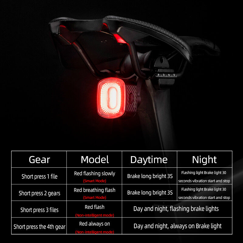 ROCKBROS Tail Light with 4 light modes: Flash, Breathing, Fast Flash, and Steady