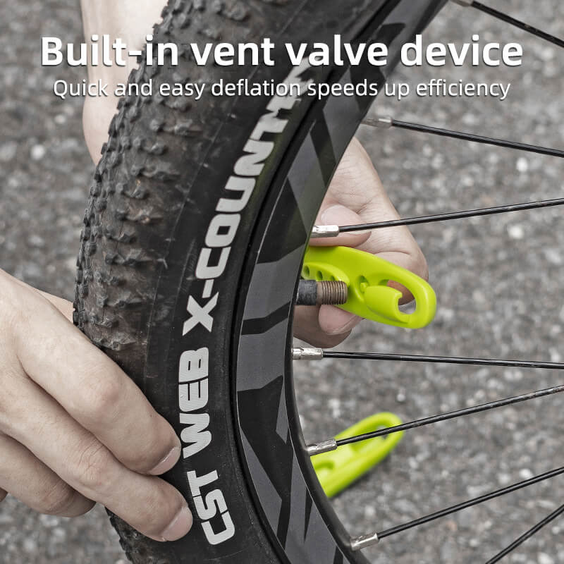 ROCKBROS bike tire lever with spoke hook, easy-grip design, clip-together storage, and built-in deflate valve