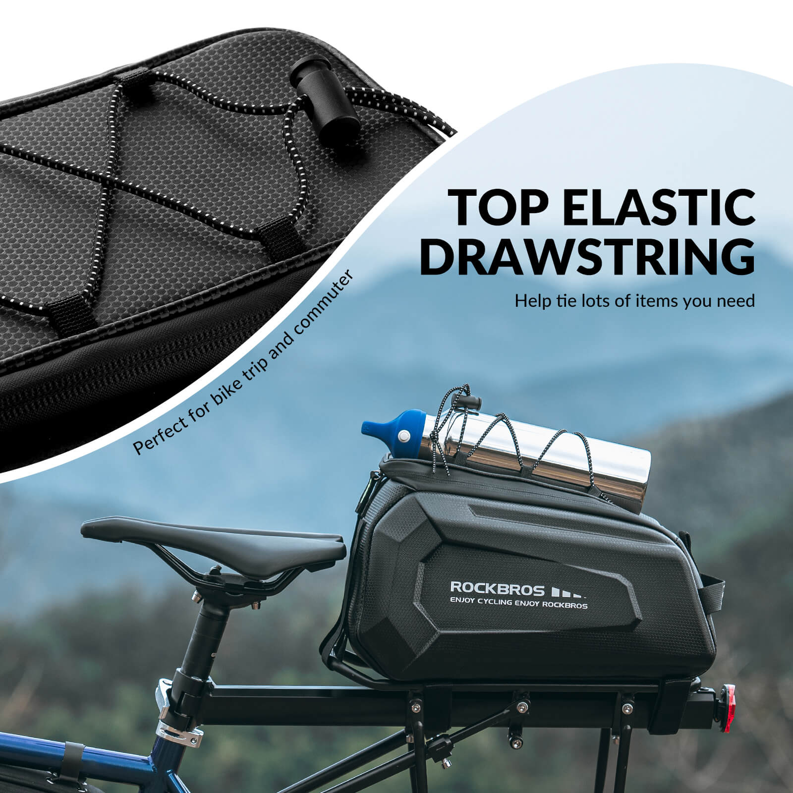 ROCKBROS hard shell bike trunk bag 9L mounted on rear rack for commuting and touring.