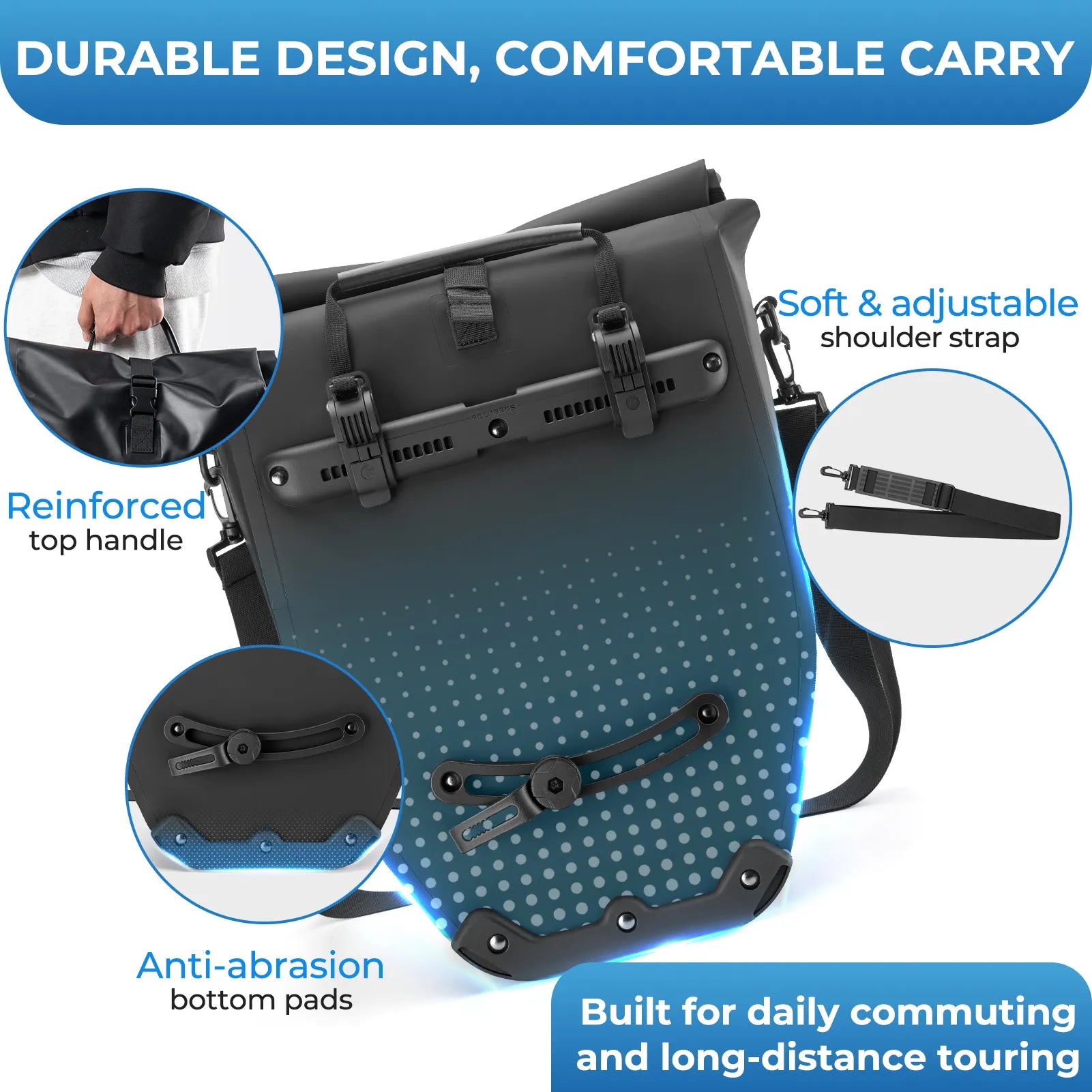 ROCKBROS black waterproof bike pannier 20L roll top rear rack bag
#Color_Black