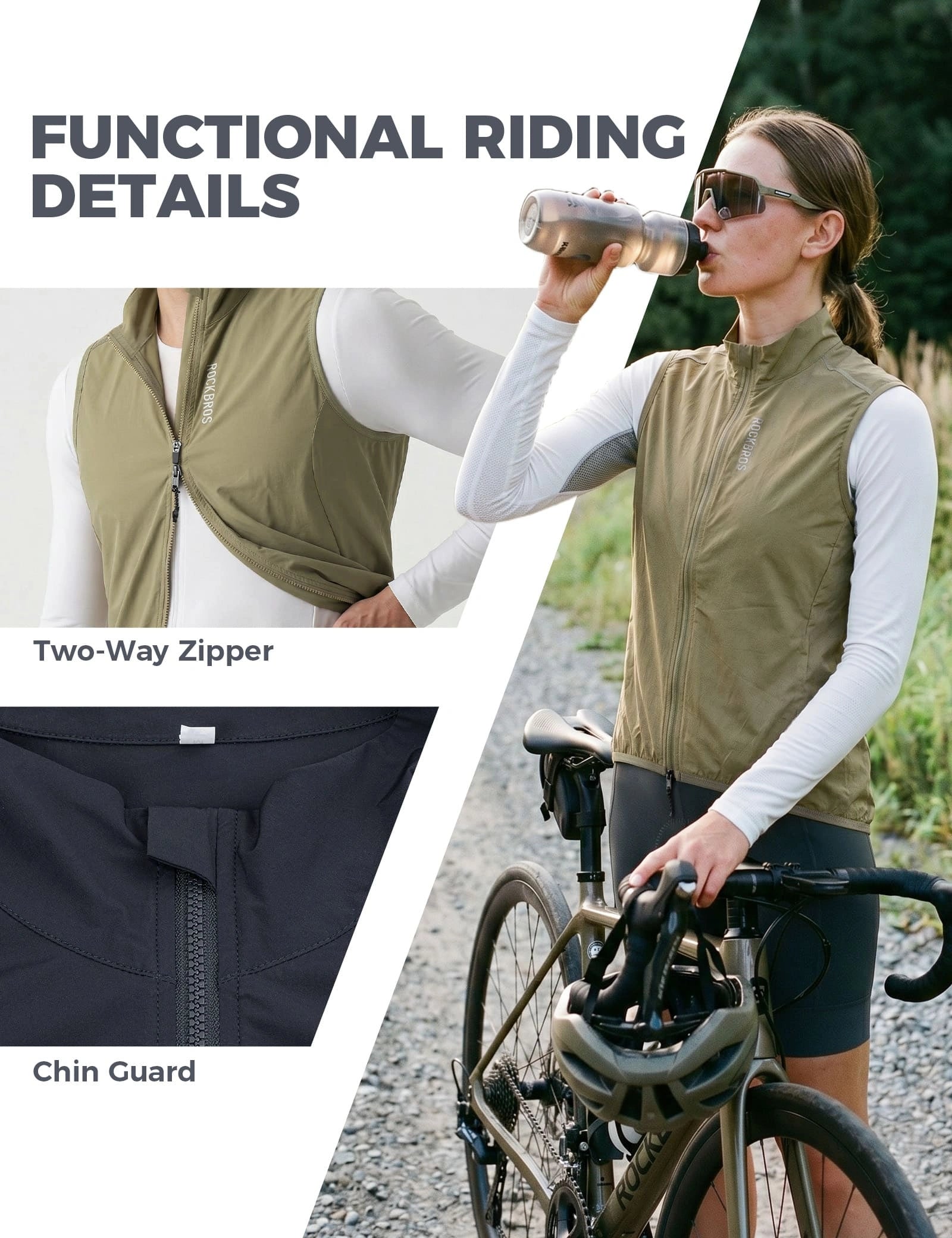 ROCKBROS windproof cycling vest with breathable mesh and packable design for outdoor sports