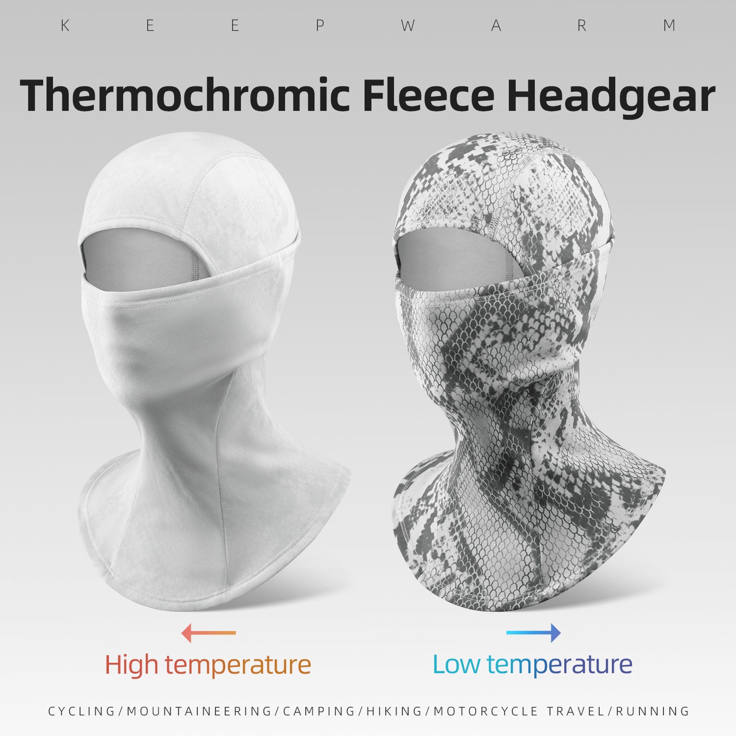 Temperature-sensitive balaclava showing color change effect in cold weather
