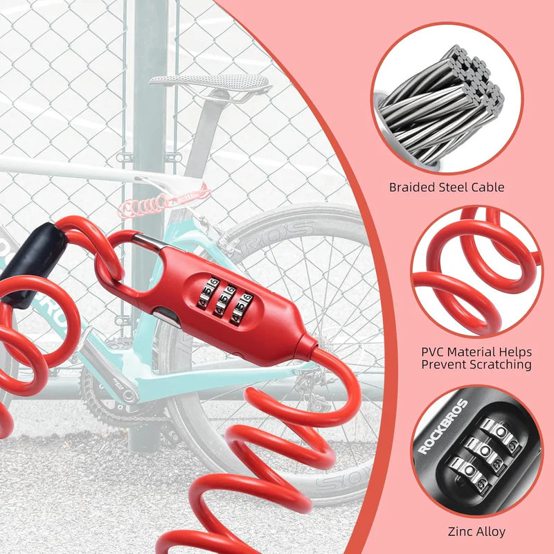 ROCKBROS combination bike cable lock anti-theft flexible steel lock for bicycles
#Color_Red