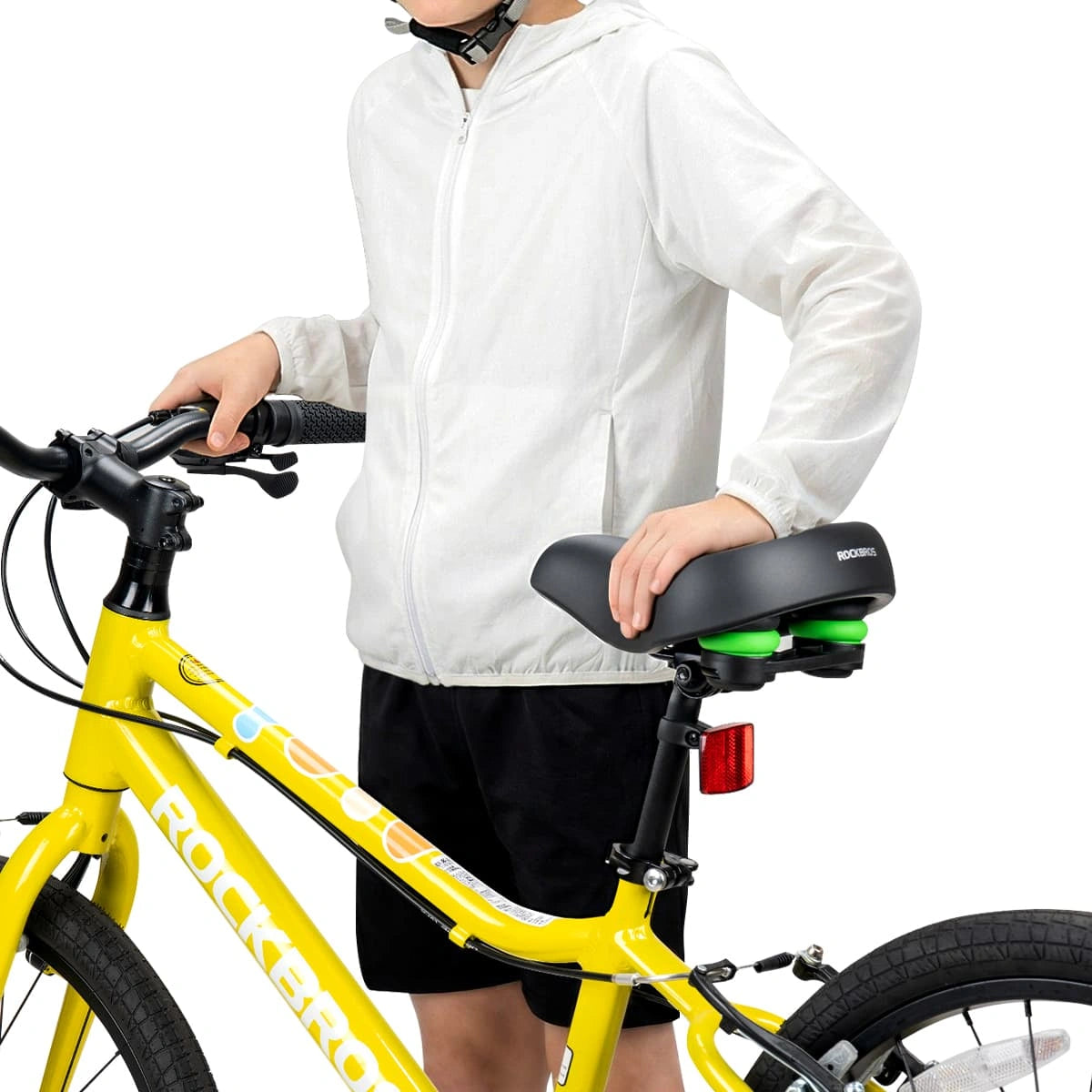 ROCKBROS kids bike seat cushion with shock absorption, soft PU surface, foam padding, waterproof design