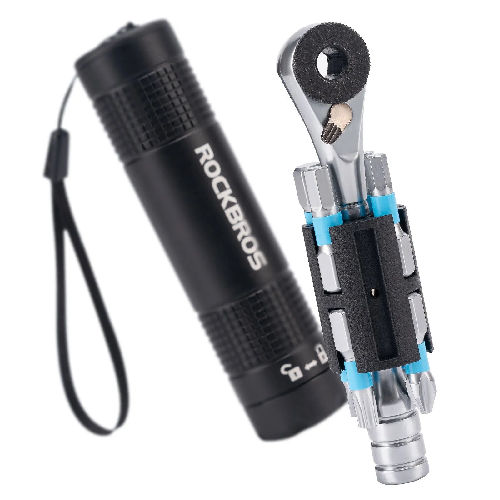 ROCKBROS compact ratchet bike tool kit with alloy steel bits and portable aluminum storage case