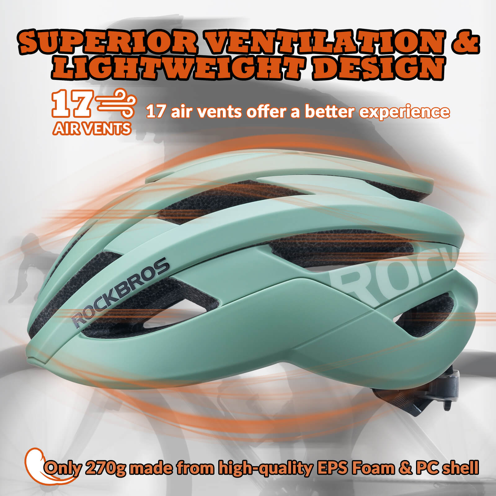 ROCKBROS cycling helmet with CPSC certification, ionic antibacterial liner, PC+EPS in-mold construction
#Color_Matte Green