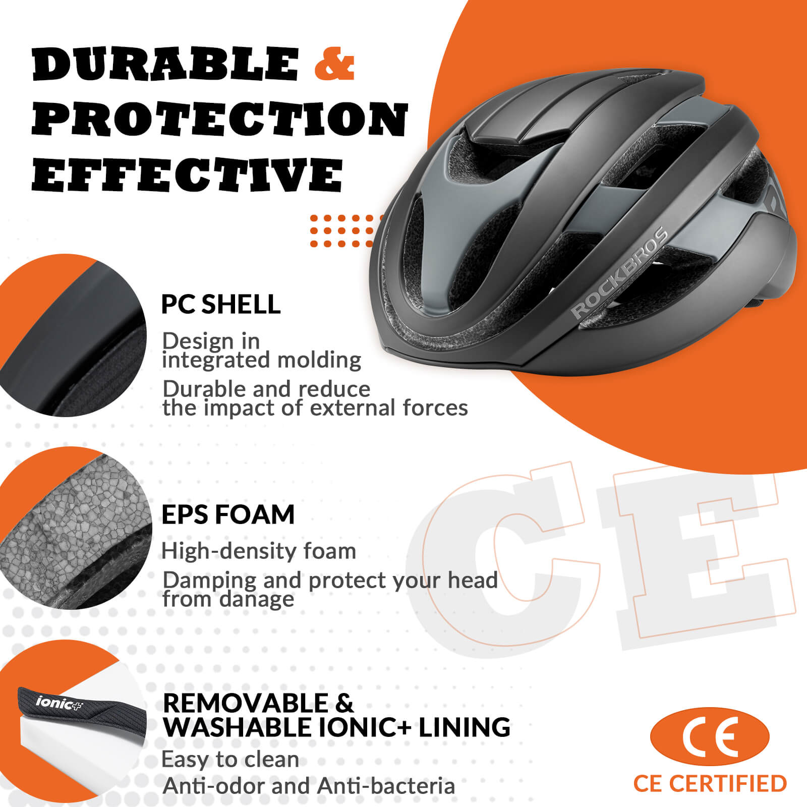 ROCKBROS cycling helmet with CPSC certification, ionic antibacterial liner, PC+EPS in-mold construction
#Color_Black