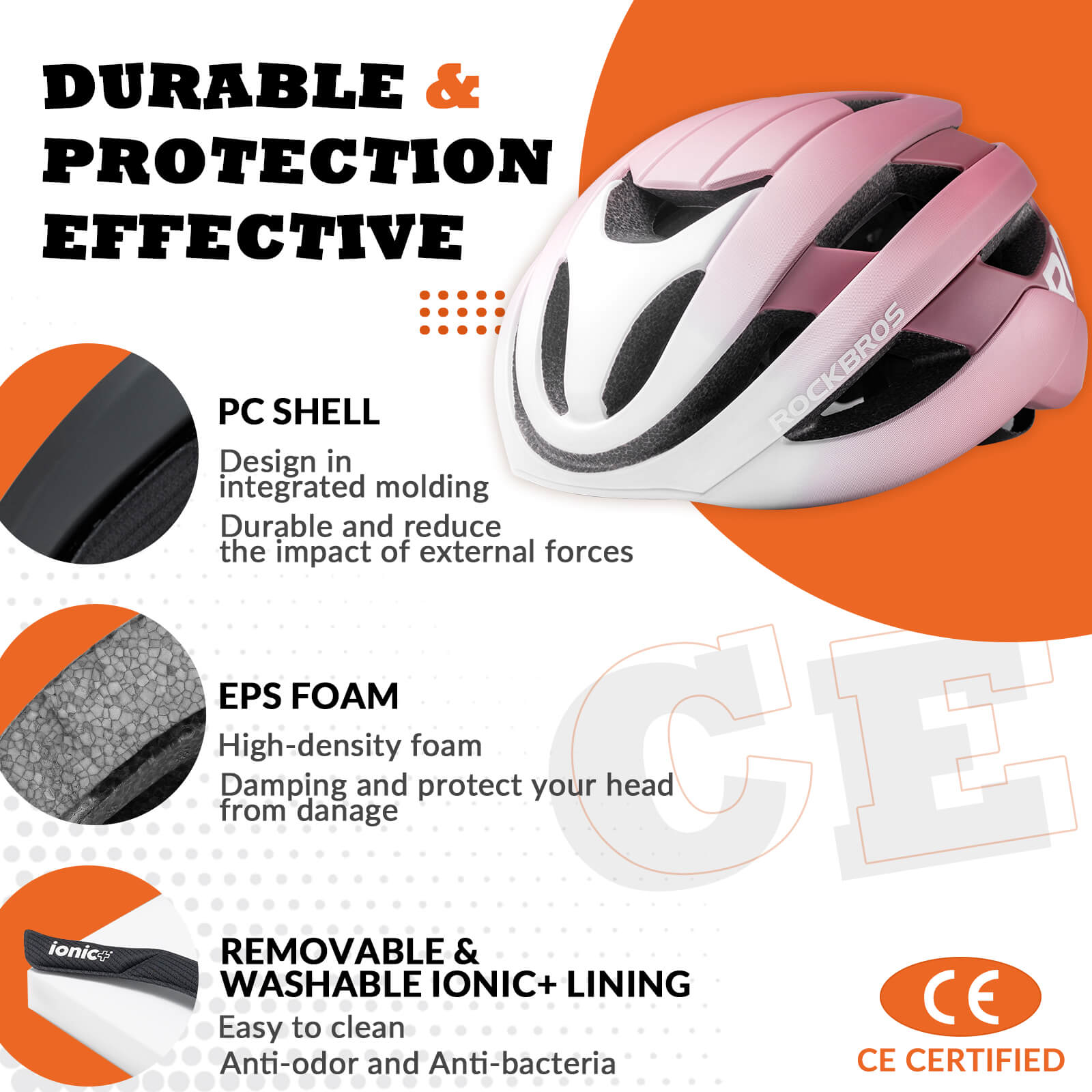 ROCKBROS cycling helmet with CPSC certification, ionic antibacterial liner, PC+EPS in-mold construction
#Color_White Pink Gradient