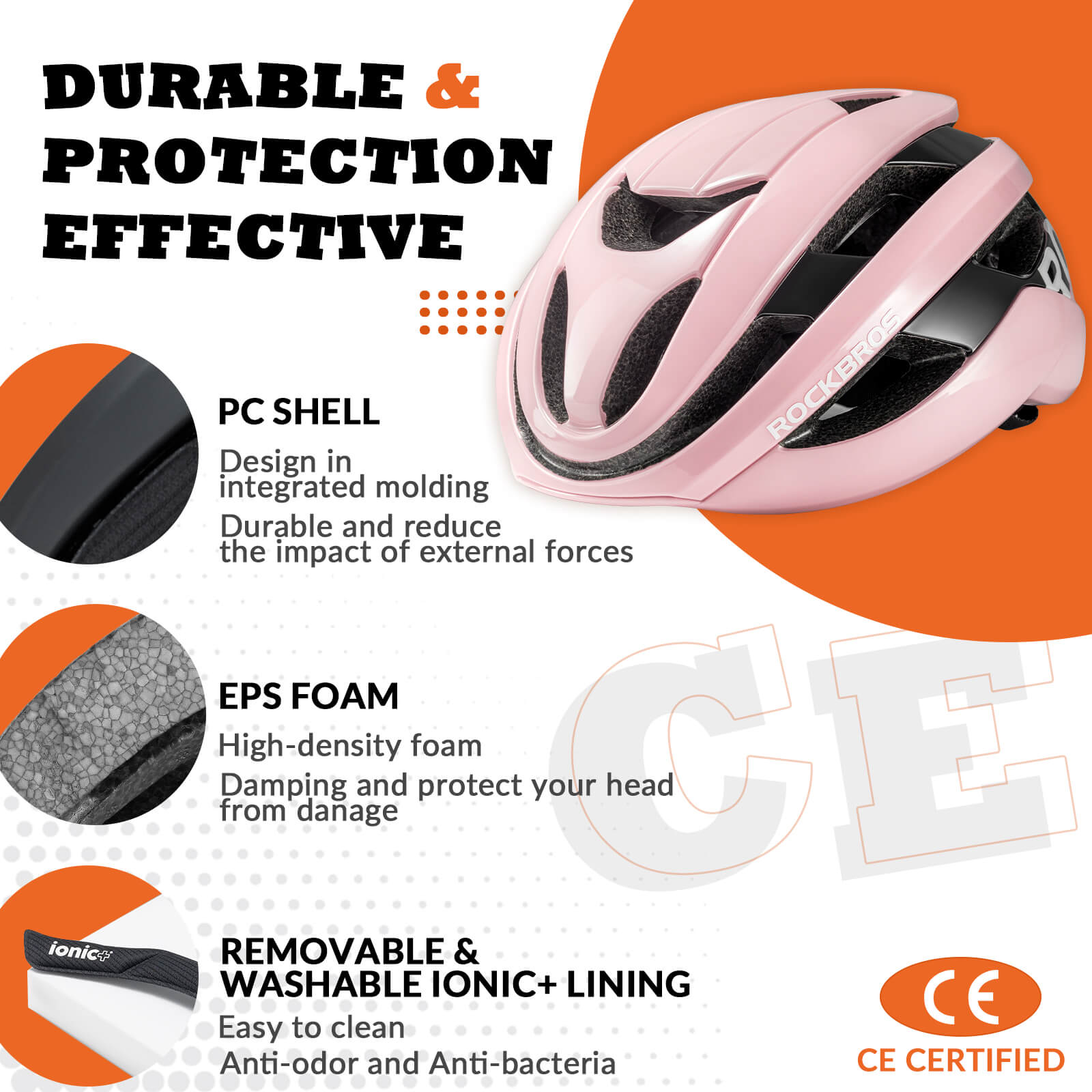 ROCKBROS cycling helmet with CPSC certification, ionic antibacterial liner, PC+EPS in-mold construction
#Color_Matte Pink