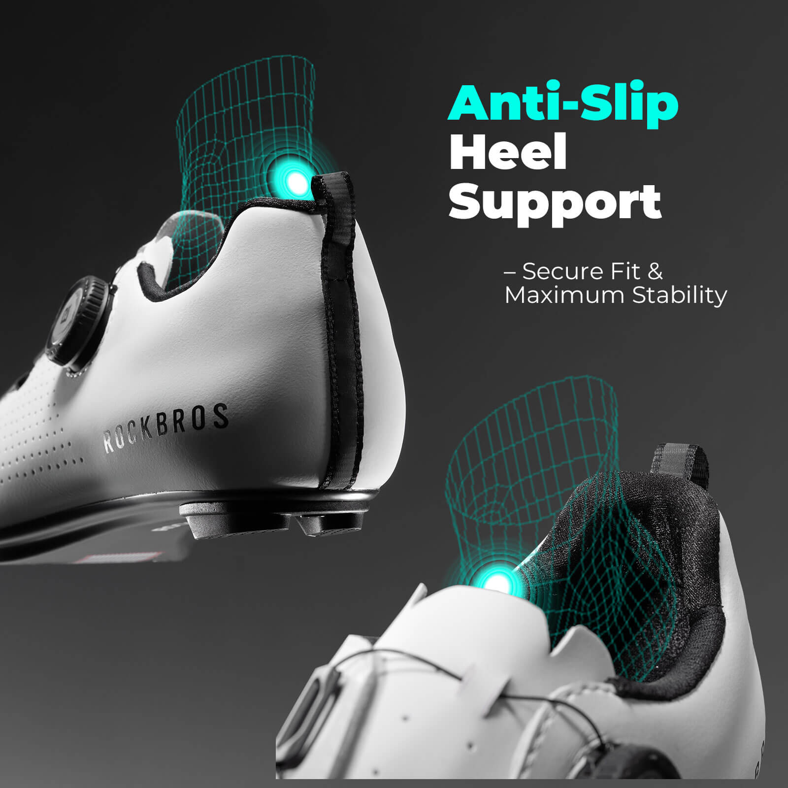 White cycling shoes with anti-slip heel support feature on a dark background