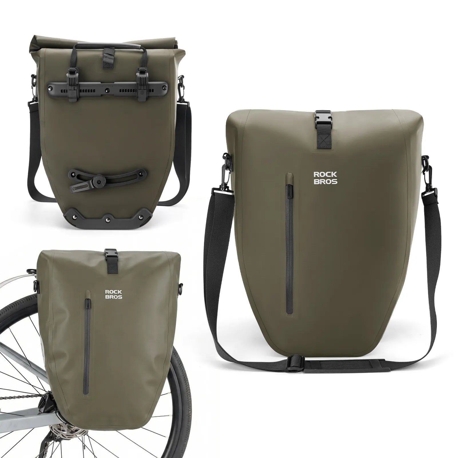 ROCKBROS black waterproof bike pannier 20L roll top rear rack bag
#Color_Dark Green