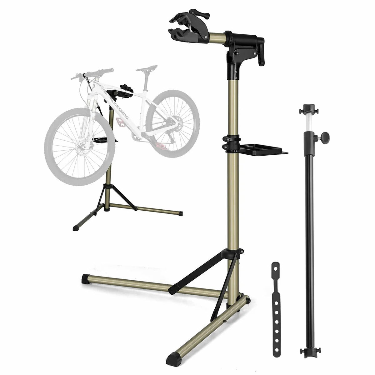 ROCKBROS double-leg bike repair stand with adjustable height and sturdy aluminum construction.