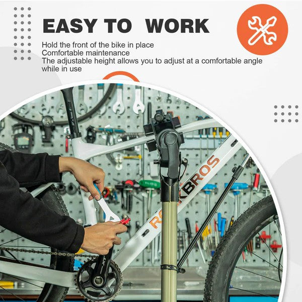 ROCKBROS double-leg bike repair stand with adjustable height and sturdy aluminum construction.
