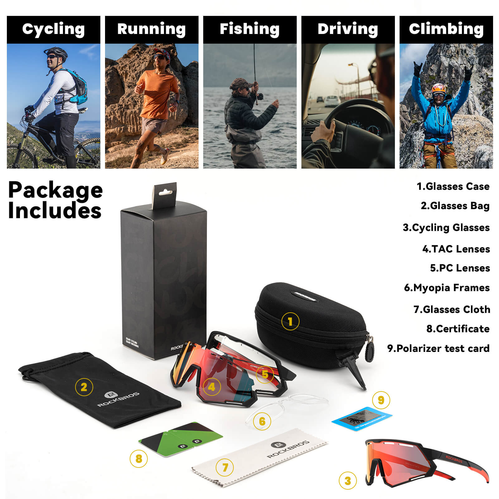 ROCKBROS dual lens cycling glasses with photochromic and polarized interchangeable lenses for outdoor sports
