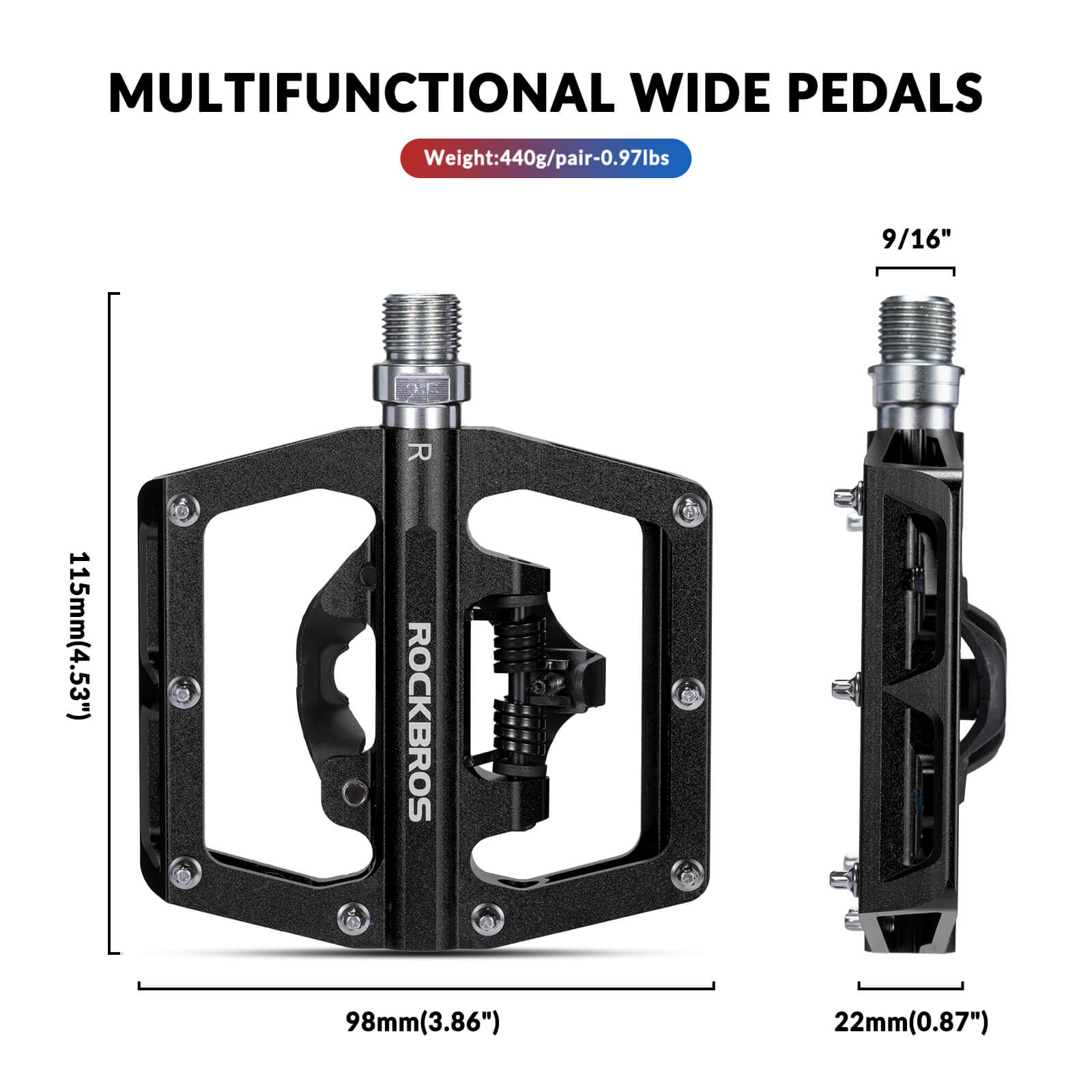 ROCKBROS Dual-Use Clipless & Flat Bike Pedals showing clipless and flat sides for mountain biking
#Color_Black