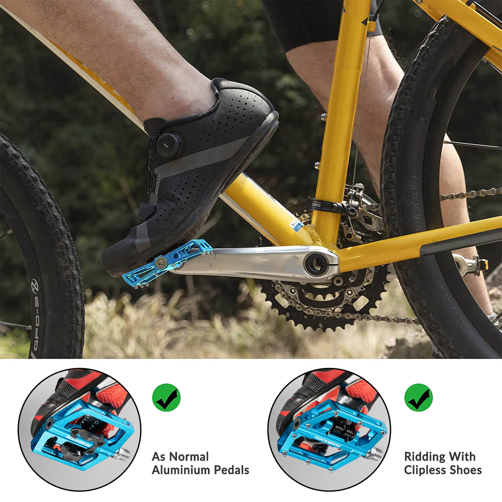 ROCKBROS Dual-Use Clipless & Flat Bike Pedals showing clipless and flat sides for mountain biking
#Color_Blue