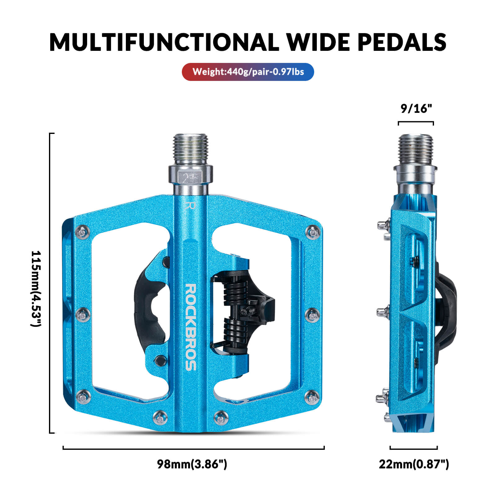 ROCKBROS Dual-Use Clipless & Flat Bike Pedals showing clipless and flat sides for mountain biking
#Color_Blue